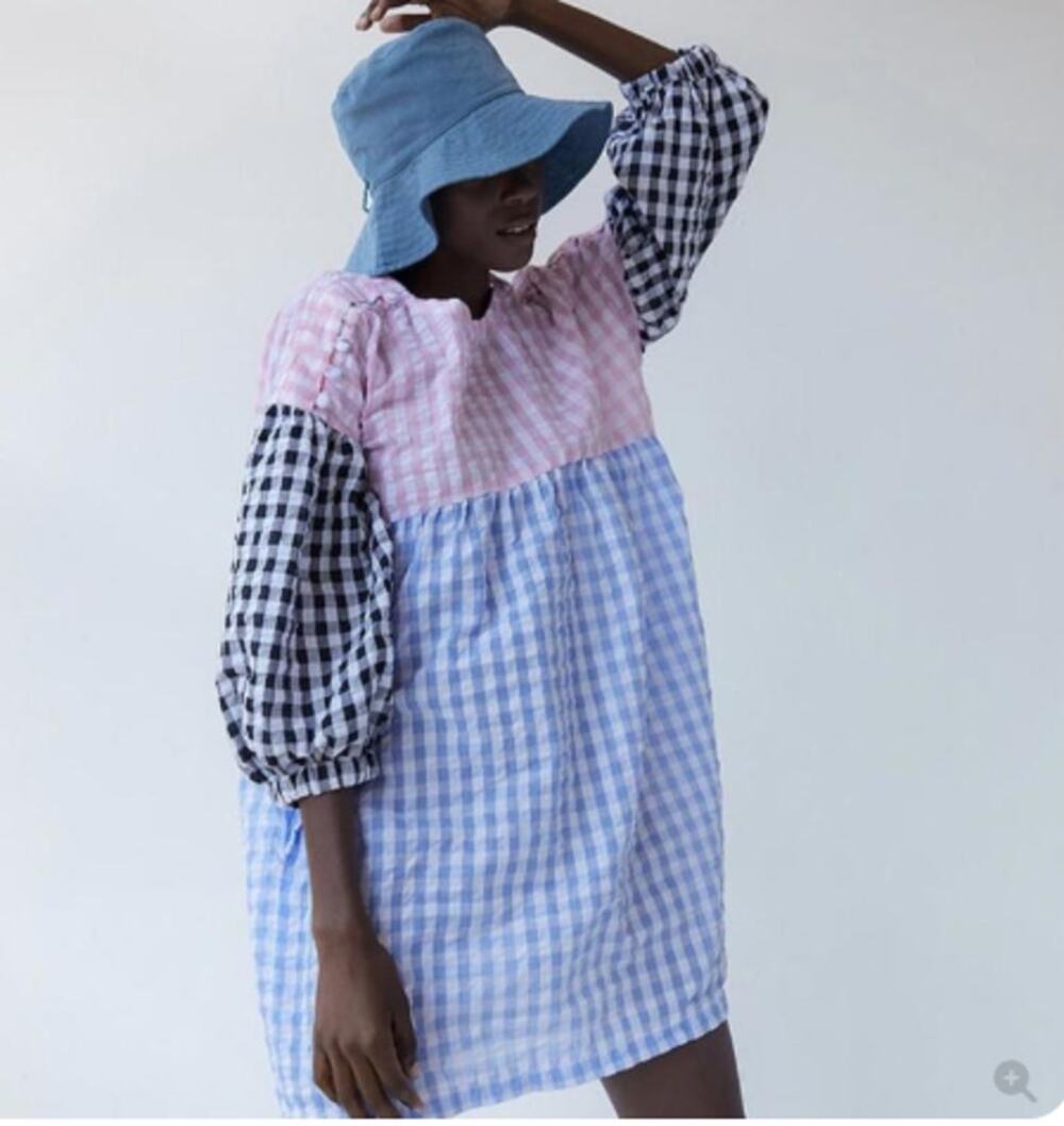 Tach Clothing Catarina Cloque Dress size M Gingham Mix Puff Sleeve Colorblock